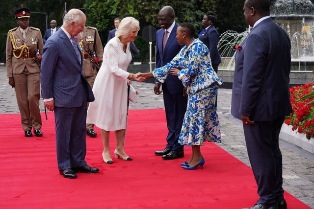 <p>The royal couple are welcomed by Kenya’s president and his wife at the State House in Nairobi on Tuesday </p>